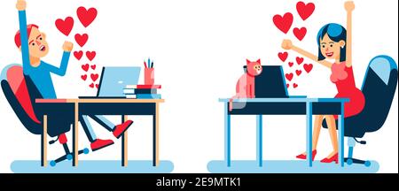 Valentinstag online. Online-Liebhaber mit Herzen Zeichen in Laptop Stock Vektor