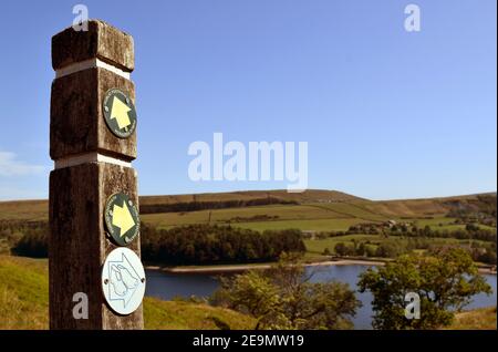 Markierpfosten oben in den Mooren über einem See laufen In Lancashire Stockfoto