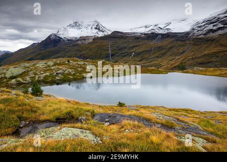 Parc National de la Vanoise. Almwiese und See. Schneebedeckte Berggipfel Lac Blanc. Frankreich. Europa. Stockfoto