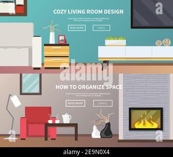 Wohnzimmer Interior Design und Möbel horizontale Banner-Set isoliert vektorgrafik Stock Vektor