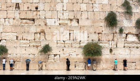 Jerusalem, Israel - 20. August 2020 - Jüdische orthodoxe Gläubige lesen die Tora und beten gegenüber der Westmauer, auch bekannt als Klagemauer in Th Stockfoto