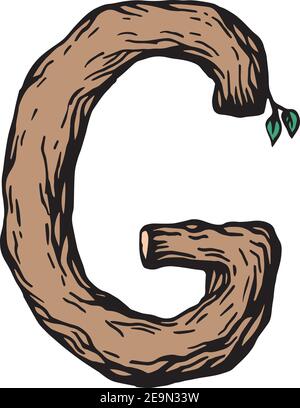 Farbige Gravur Buchstabe G aus Holz mit Blättern Der weiße Hintergrund Stock Vektor
