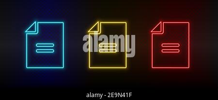 Neon Icon Set Datei, Vertrag, Anwendung. Set von roten, blauen, gelben Neon-Vektor-Symbol Stock Vektor