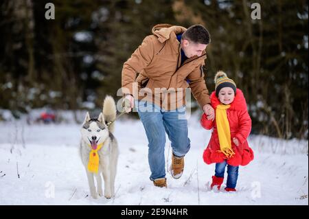 Husky in einem gelben Schal mit dem Besitzer und seiner Tochter, zu Fuß im Winterwald.neu Stockfoto