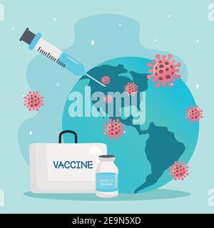 covid19 Virus-Impfstoffset mit Spritze und Partikeln in der Erde Planet Stock Vektor