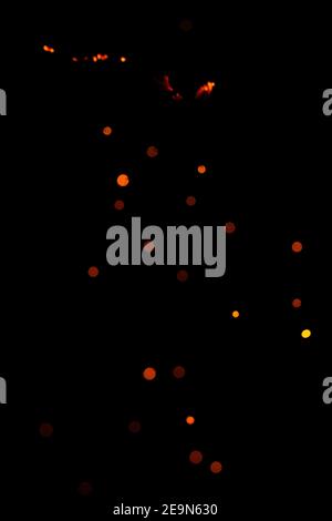 Natürliche gelb-heiße Feuerfunken auf schwarzem Hintergrund, leuchtend gelbe Bokeh aus dem Feuer. Partikel brennender Glut fliegen und glühen isoliert im n Stockfoto