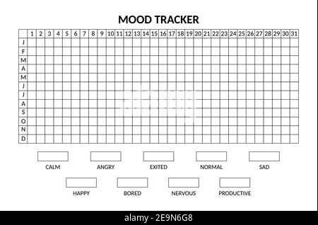 Jahr in Pixel, Mood Tracker monochrome Vorlage. Gewohnheit Tagebuch leer für Aufzählungszeichen Journal. Horizontale Ausrichtung des Monatsplaners. Stock Vektor
