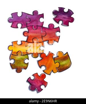 Fragment eines unvollständigen Puzzle mit Sonnenuntergang Illustration. Aquarell-Illustration von Puzzle-Stücke isoliert auf weißem Hintergrund. Stockfoto