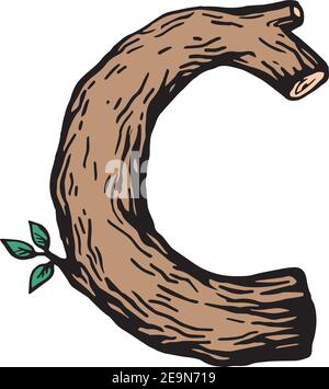 Farbige Gravur Buchstabe C aus Holz mit Blättern Der weiße Hintergrund Stock Vektor