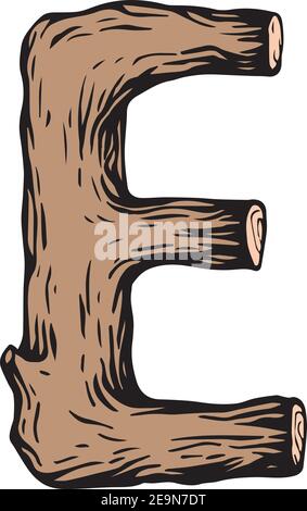 Farbige Gravur Buchstabe E aus Holz mit Blättern Der weiße Hintergrund Stock Vektor