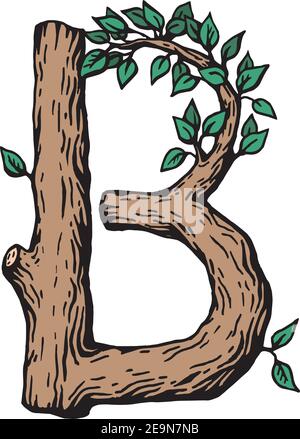 Farbige Gravur Buchstabe B aus Holz mit Blättern Der weiße Hintergrund Stock Vektor