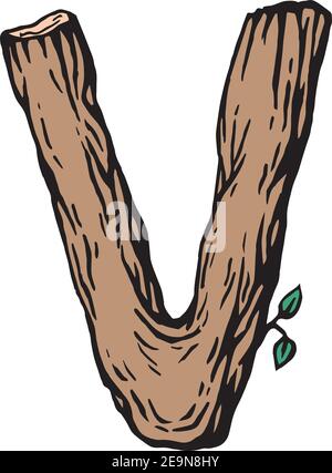 Farbige Gravur Buchstabe V aus Holz mit Blättern Der weiße Hintergrund Stock Vektor