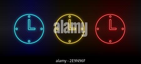 Neon-Symbol Uhr, Stunde. Set von roten, blauen, gelben Neon-Vektor-Symbol Stock Vektor