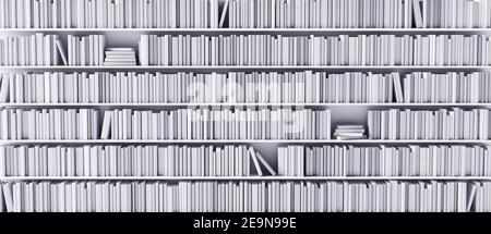 Weiße Bücherregale in der Bibliothek mit weißen Büchern 3D Render 3D Abbildung Stockfoto