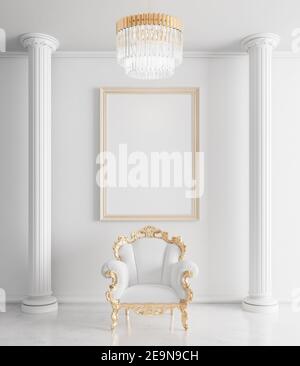 Luxuriöse klassische Wohnzimmereinrichtung mit stilvollem Sessel. Weiße Wand und Gold Details 3D Render 3D Abbildung Stockfoto