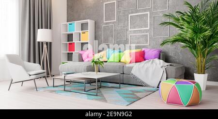 Moderne Innenarchitektur des Wohnzimmers mit farbenfroher Dekoration, 3D Render 3D Illustration Stockfoto