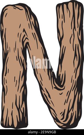 Farbige Gravur Buchstabe N aus Holz mit Blättern Der weiße Hintergrund Stock Vektor