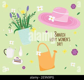 Happy Damen Tag Lettering-Karte mit Set-Icons Stock Vektor