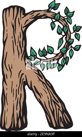 Farbige Gravur Buchstabe R aus Holz mit Blättern Der weiße Hintergrund Stock Vektor