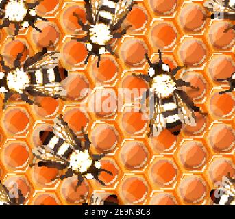 Glänzendes süßes Wabenmuster mit vielen realistischen detaillierten Honigbienen, nahtloses Muster Stock Vektor