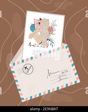 Briefumschlag mit Karte innen, flache Vektorgrafik. Retro Luftpost Umschlag mit einer Postkarte mit einem touristischen Wahrzeichen. Nachricht von tra Stock Vektor