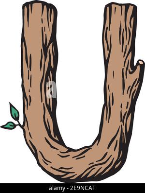 Farbige Gravur Buchstabe U aus Holz mit Blättern Der weiße Hintergrund Stock Vektor
