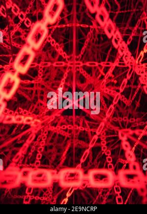 Fotografie von einem Kaleidoskop Kunst Hintergrund, die einen Computer-Sicherheit Firewall mit Laserstrahlen geformt wie cadenas Ketten glänzend gemacht Und Ref Stockfoto
