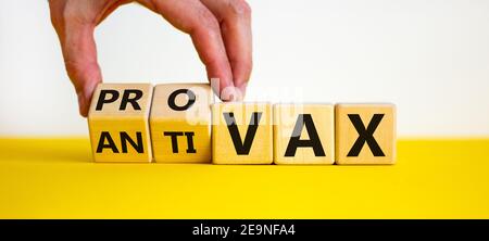 Pro-vax- oder Anti-vax-Symbol. Der Arzt dreht einen Würfel, ändert die Worte „Anti-vax“ in „Pro-vax“. Schöner gelber Tisch, weißer Hintergrund. Speicherplatz kopieren. Unternehmen Stockfoto