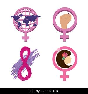 Frauen Tag Symbole Set, Geschlecht weiblich Welt Frau Hand acht Vektor-Illustration Stock Vektor