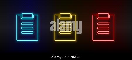 Neon Icon Set Facture, Test. Set von roten, blauen, gelben Neon-Vektor-Symbol Stock Vektor