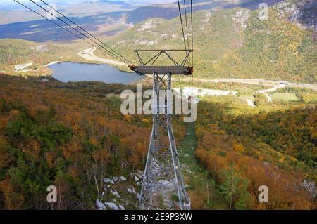 Luftaufnahme des Echo Lake mit Herbstlaub in Cannon Mountain, Franconia Notch, White Mountian, New Hampshire NH, USA. Stockfoto