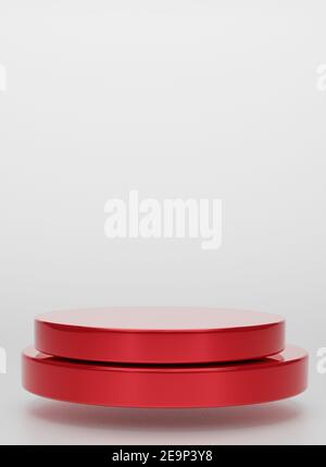 Rote geometrische kreisförmige Hintergrund vertikale Bildanzeige Podium Prototyp einfaches Podium und kommerzielle Produkt Konzept weißen Hintergrund 3D Rendering. Stockfoto