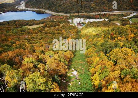 Luftaufnahme des Echo Lake mit Herbstlaub in Cannon Mountain, Franconia Notch, White Mountian, New Hampshire NH, USA. Stockfoto