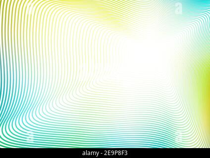 Blaues, gelbes, grünes Linienmuster. Abstrakt gestreifter Hintergrund, Flash-Effekt. Vektorrahmen-Design. Gewellte, subtile Kurven, perspektivische Illusion. EPS10