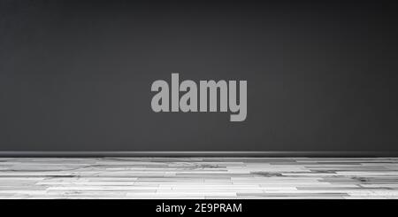Leere schwarze Wand mit weißem Holzboden 3D Darstellung rendern Stockfoto
