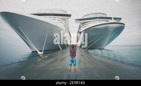 Abbildung eines Jungen, der seine Hände zu großen Schiffen schwenkt, das Schiff mit seiner Hand begrüßt, eines Mannes, der die großen Schiffe im Hafen ansieht. Malerisches Meer Stockfoto