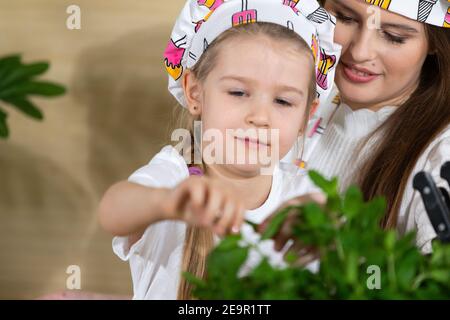 Nach dem Backen der hausgemachten Pizza begannen Tochter und Mutter zu dekorieren und frische Kräuter auf die Pizza zu geben. Die Freude der gemeinsamen Momente von Mutter und Tochter während der Arbeit in der Küche. Stockfoto