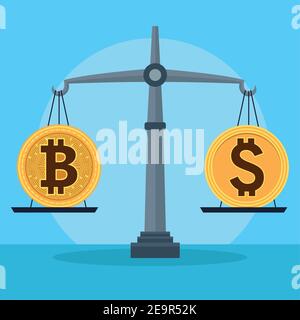 bitcoin und Dollar in Balance Cyber Geld Technologie Vektor Illustration Design Stock Vektor