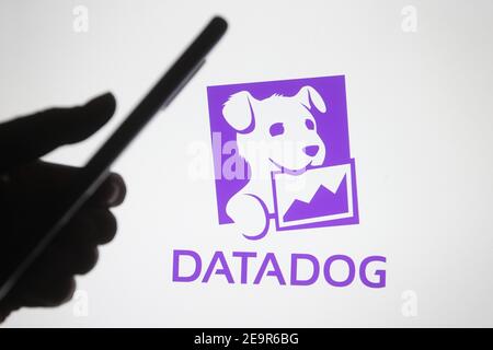 Ukraine. Februar 2021, 4th. In dieser Abbildung ist ein Datadog Logo vor einer Silhouette Hand mit einem Handy zu sehen. Kredit: Pavlo Gonchar/SOPA Images/ZUMA Wire/Alamy Live Nachrichten Stockfoto