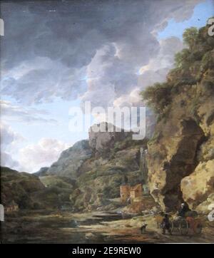 Berglandschaft mit Fluss und Wagen von Herman Nauwincx und Willem Schellinks. Stockfoto