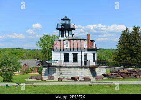 Colchester Reef Light war ein antiker Leuchtturm am Colchester Point in Lake Champlain. Jetzt wurde es nach Shelburne, Vermont VT, USA verlegt. Stockfoto