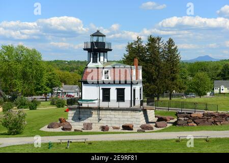 Colchester Reef Light war ein antiker Leuchtturm am Colchester Point in Lake Champlain. Jetzt wurde es nach Shelburne, Vermont VT, USA verlegt. Stockfoto