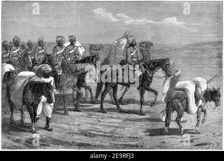 Gravur der königlichen Kavallerie von 8th auf dem marsch mit der Quettah-Truppe auf dem Weg zum anglo-afghanischen Krieg von 1879. Stockfoto