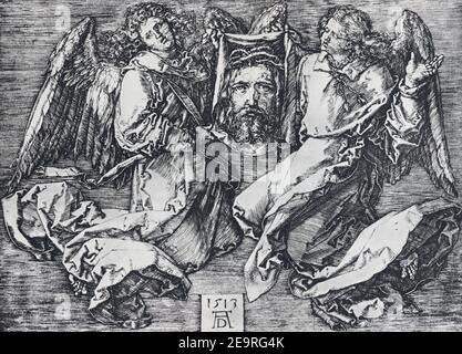 BERNOLAKOVO, SLOWAKEI, 29. DEZEMBER 2016: Die Lithographie des Heiligen Antlitzes Jesu unter den Engeln von Albert Dürer (1471 - 1528) gedruckt in Deutschland. Stockfoto