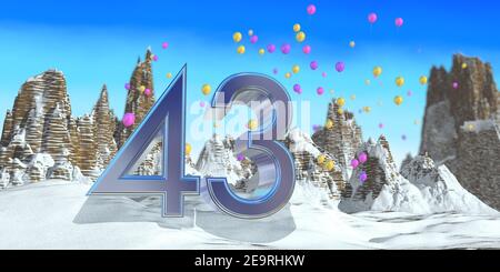 Nummer 43 in dickem blauem Font auf einem verschneiten Berg mit Felsgebirgslandschaft mit Schnee und roten, gelben und lila Luftballons im Hintergrund. Stockfoto