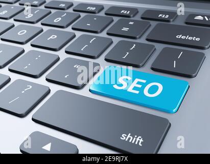 Computer weiße Tastatur mit seo. Computer weiße Tastatur mit blauer Taste seo,3d Abbildung Stockfoto