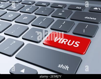 Geschriebenes Wort Virus auf blauer Tastatur button,3d Abbildung Stockfoto