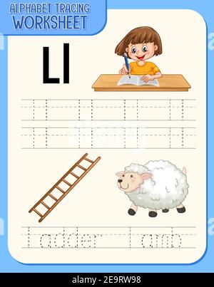 Arbeitsblatt zur Nachverfolgung des Alphabets mit Darstellung von Buchstaben und Vokabeln Stock Vektor
