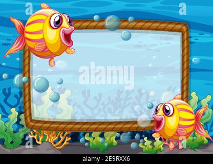 Leere Rahmen Vorlage mit exotischen Fischen Cartoon-Charakter in der Unterwasserszenen-Illustration Stock Vektor