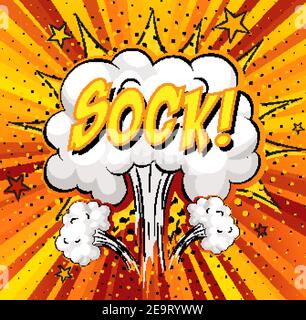 SOCK Text auf Comic Wolke Explosion auf Strahlen Hintergrund Illustration Stock Vektor